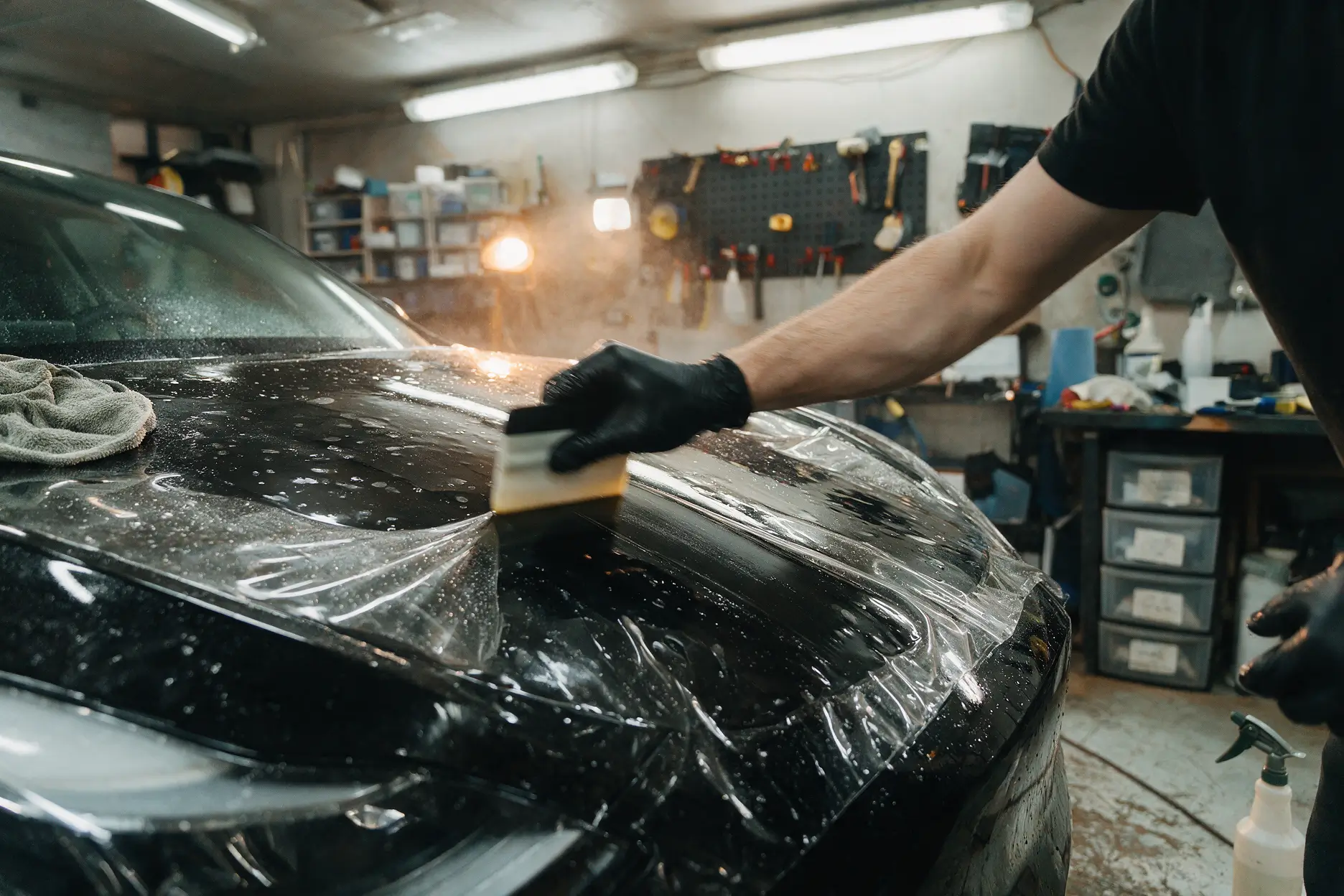 Glossy black Porsche Panamera, paintwork catching the light